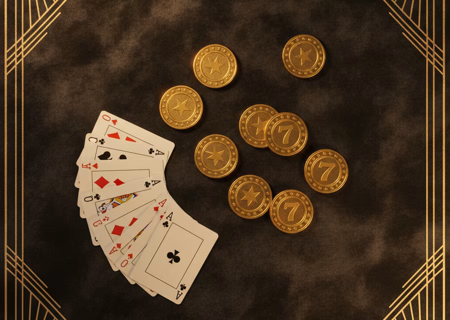 Golden virtual coins, chips and fanned playing cards on dark velvet